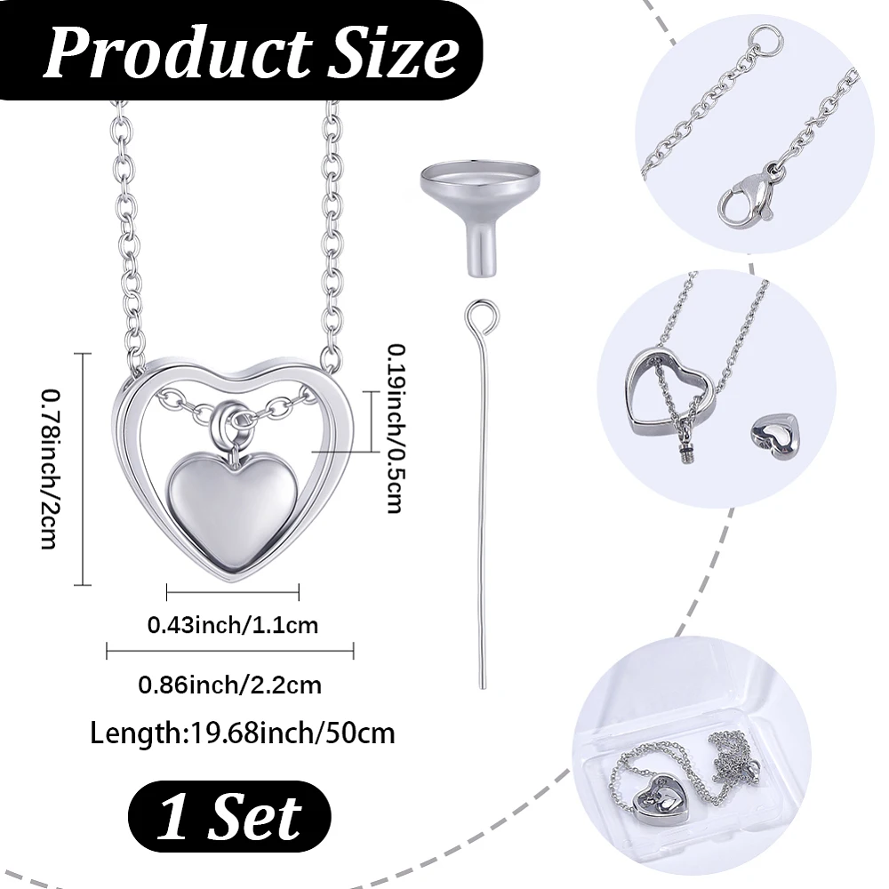 1 Box Double Heart Urn Necklace Silver Ashes Necklace 16 Inch Stainless Steel Keepsake Pendant Locket Funnel with Eye Pins
