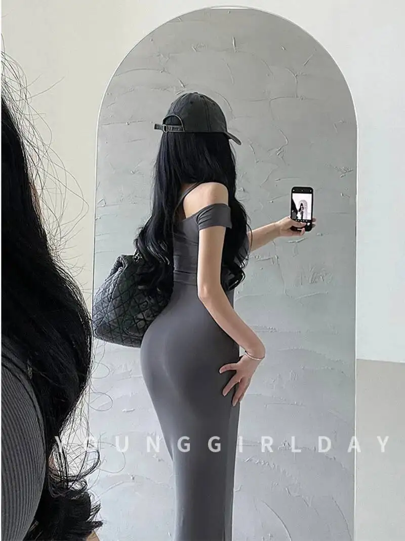 Sexy fuera del hombro ajustado adelgazante cintura abrigo vestido de cadera elegante vestido largo dulce bata 2024 nuevo dulce mujeres coreanas Tops W7QV