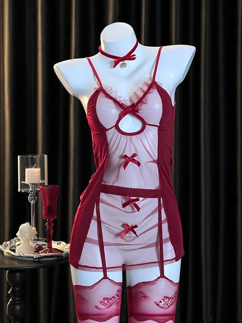 

Sheer Bow Halter Nightdress for Women,See-Through Lace Sleepwear,Romantic Date Outfit,Elegant Mesh Pajama,Valentine Gift Idea