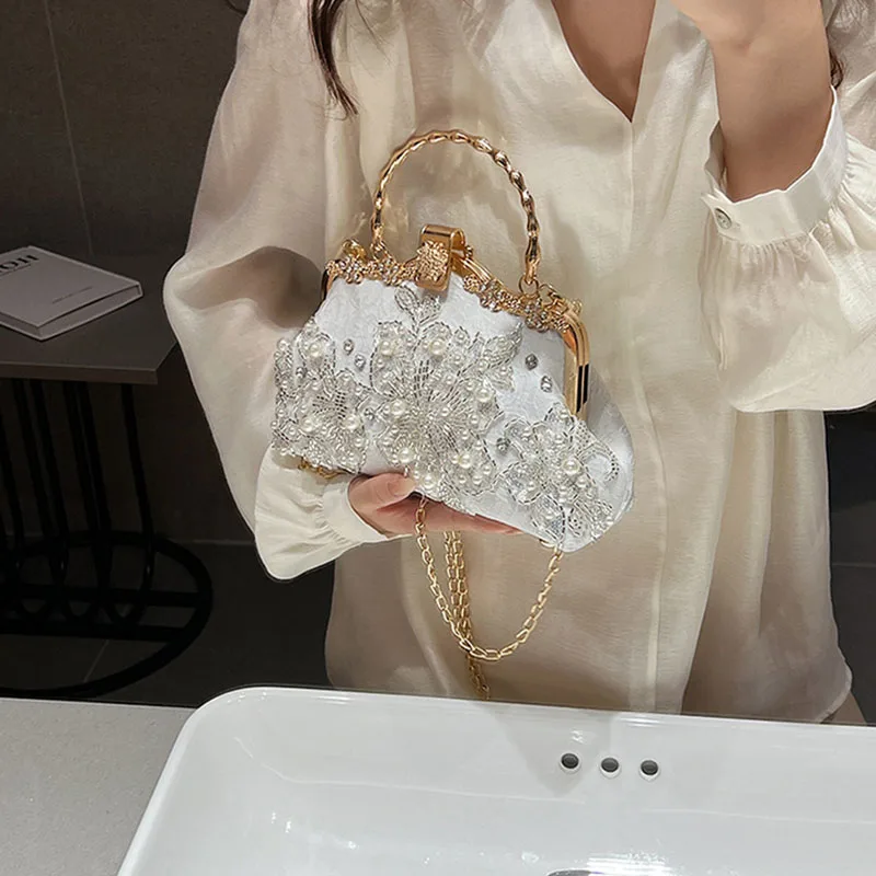 

Pearl Sequin Beading Women's Eevning Bag French Fashion Elegant Vintage Luxury Design Floral Rhinestone Lady Clip Handbags