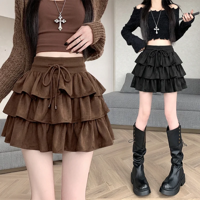 French Chic Faux Suede Skirt for Women Fall Winter 2026 New Design Ruffled Drawstring Hot Girl Mini Skirts