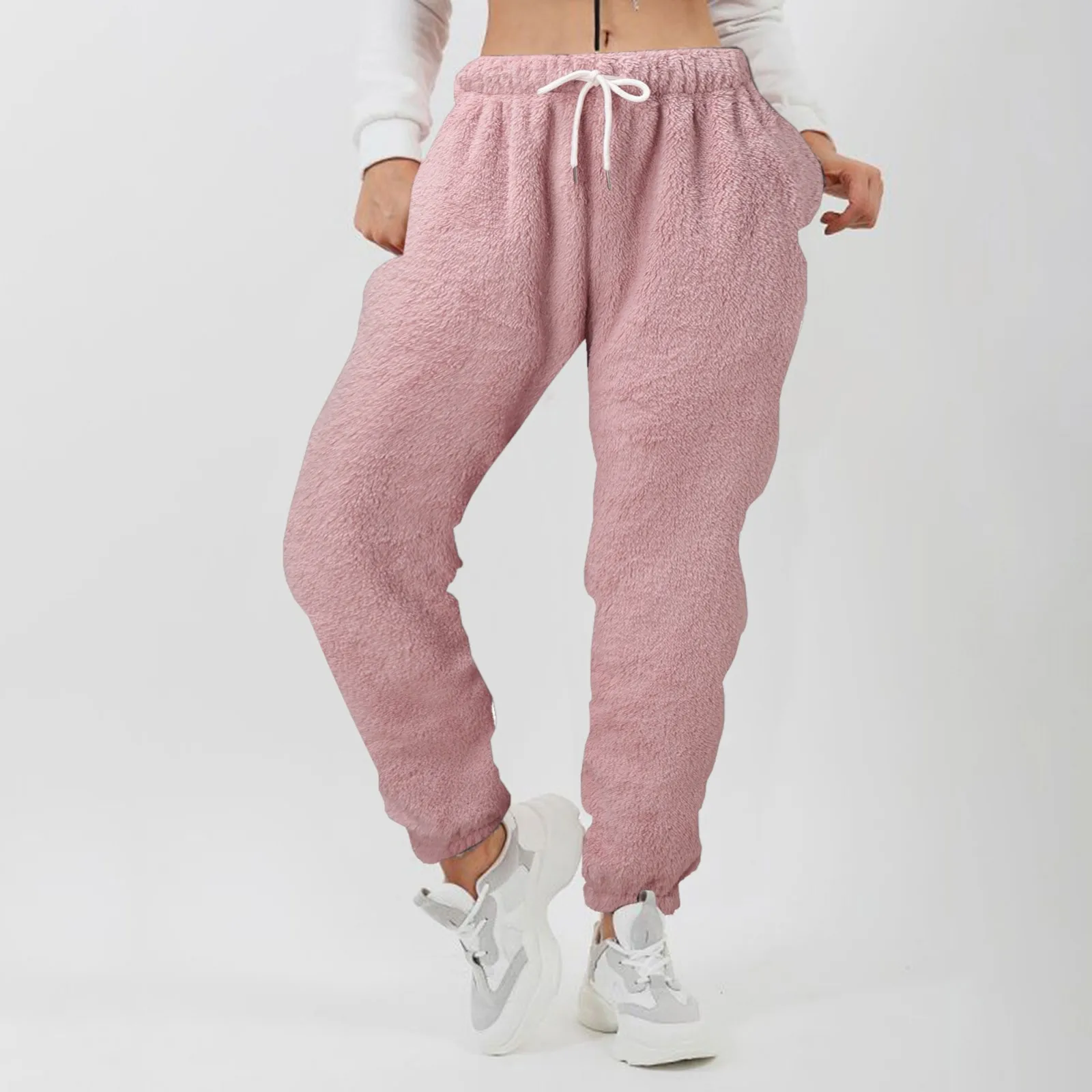 Autumn Winter Fuzzy Sweatpants Women Pockets Pink Elastic High Waist Casual Lounge Home-Wear Loose Joggers Trousers Streetwear