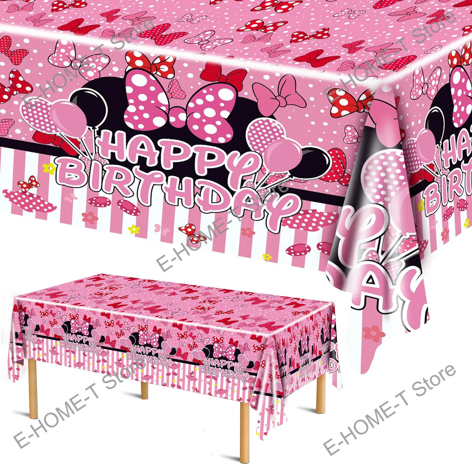 Pink Mouse Happy Birthday Tablecloth Disposable Rectangle Plastic Tablecover for Birthday Party Decorations Cartoon Pink Mouse