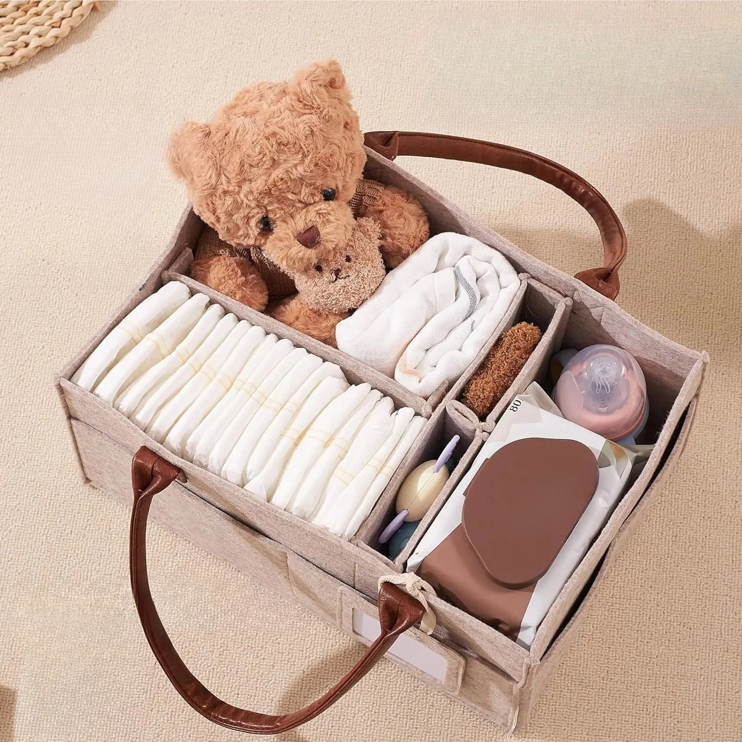 

Portable Felt Baby Caddy Large Pocket Nursery Organizer Practical Carrier for Nappy and Infant Daily Storage