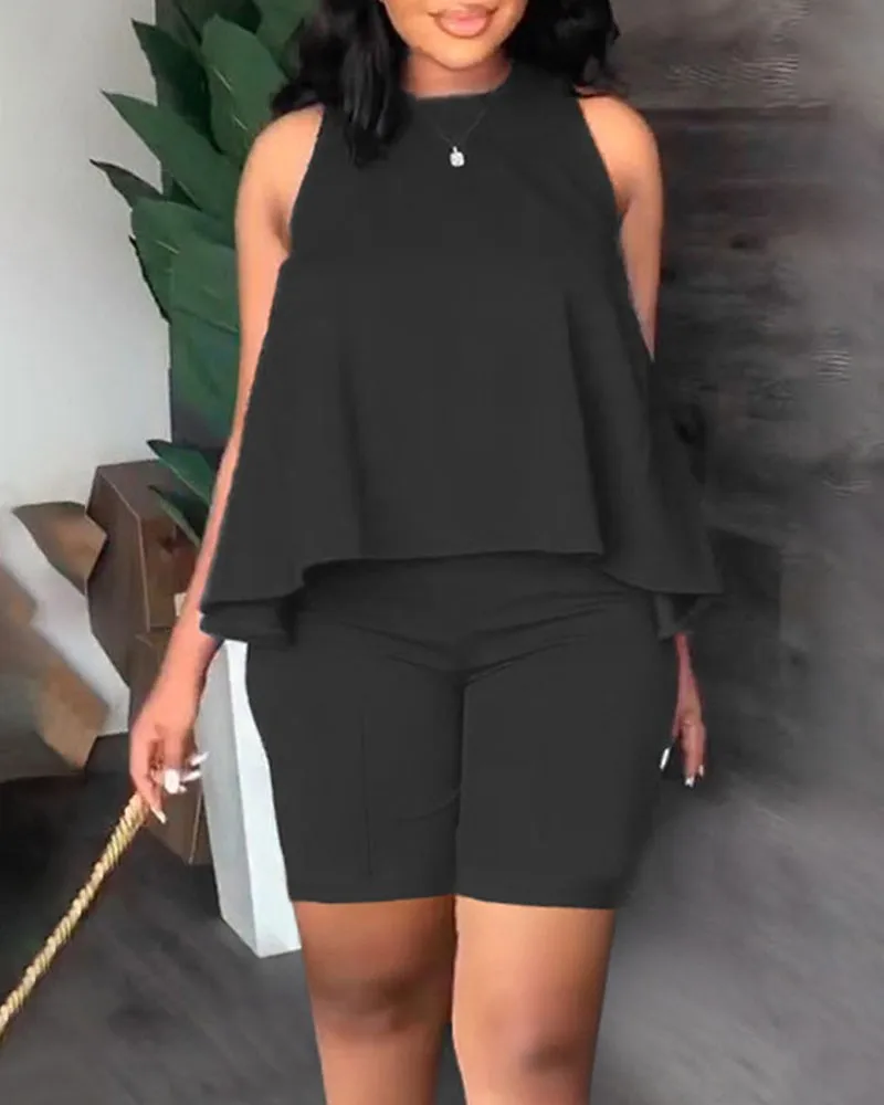 Elegant Women\'s Tees+Shorts 2 Piece Sets 2023 Summer Fashion Style Commuter Solid Sleeveless Tops Trousers Lady Suit S-XXXL
