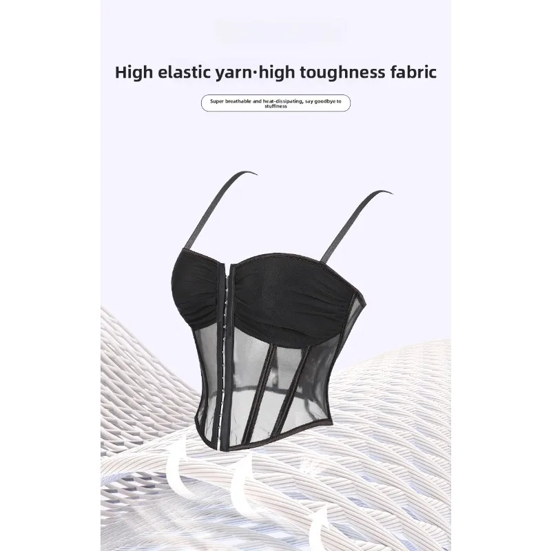 Gothic Sheer Mesh Overbust Corset With Thin Straps Ruched Chest Front Hook Party Hourglass ShaperTop