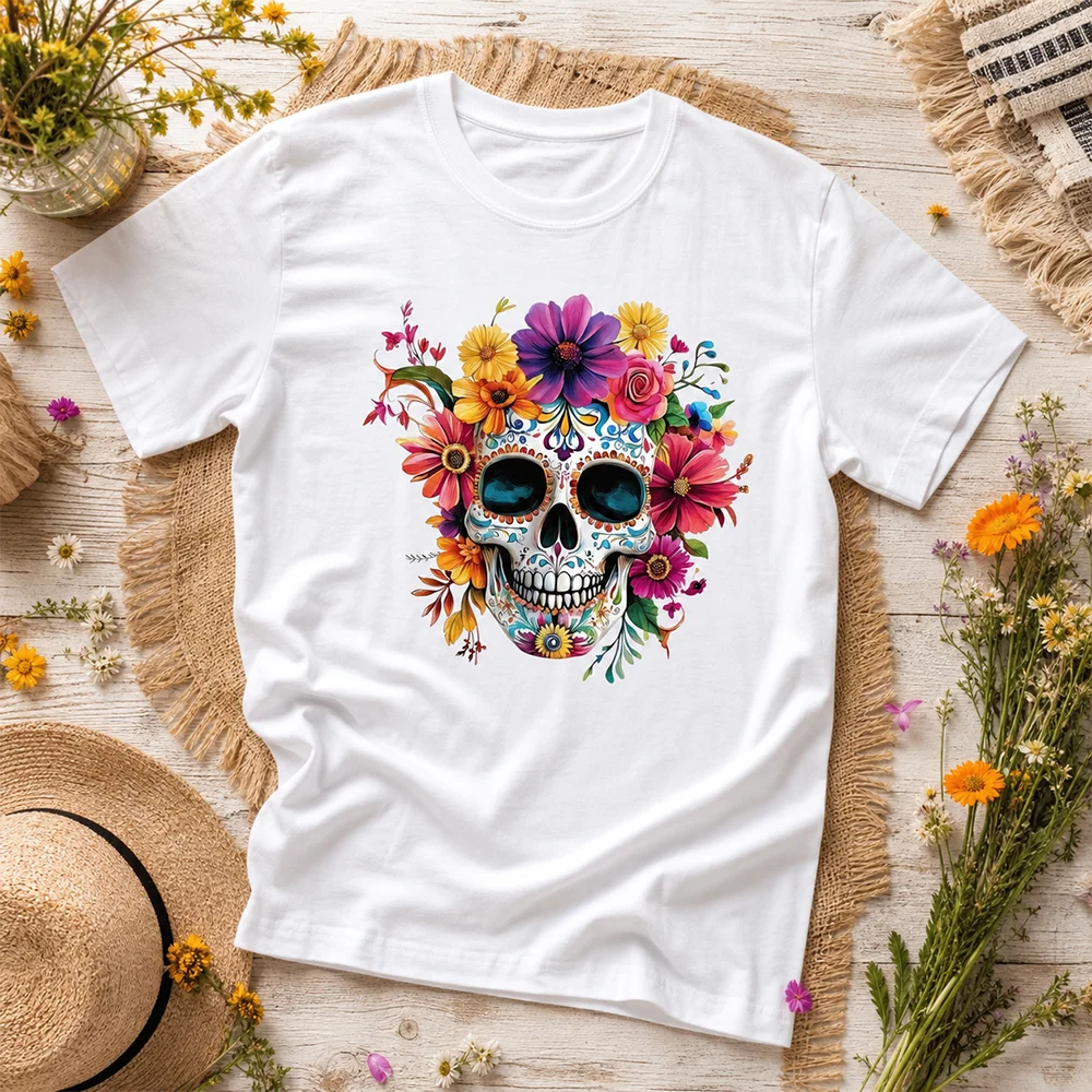 Unisex Floral Sugar Skull Short Sleeve Tee Breathable Parent-Child Mexican Day of the Dead Fiesta Celebration Casual Summer Top