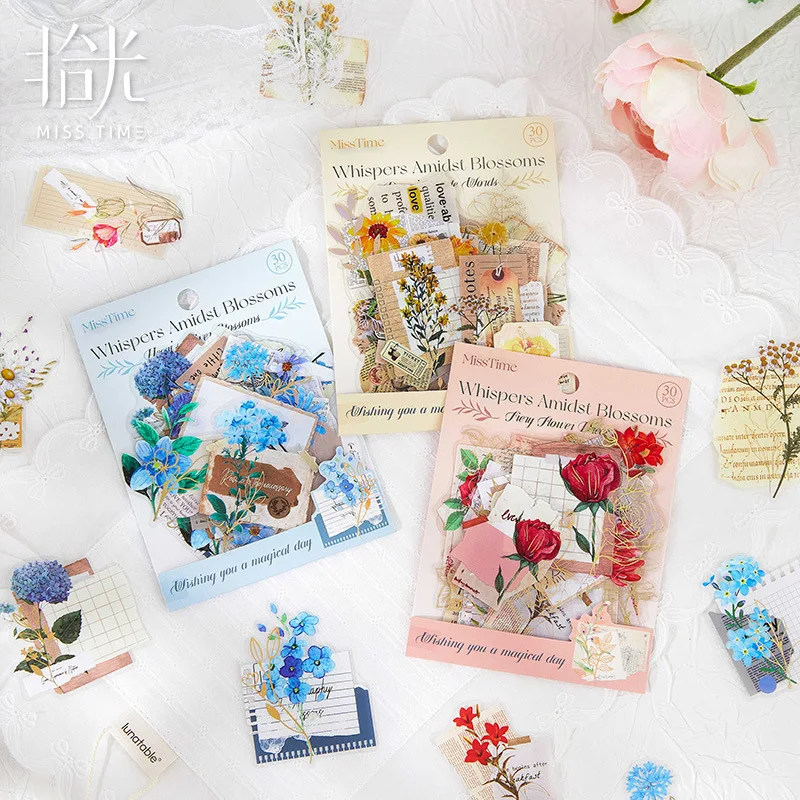 30pcs/1lot Kawaii Scrapbook Stickers  Hua Jian Micro Language Junk Journal Gold Planner Stationery Planner Decorative