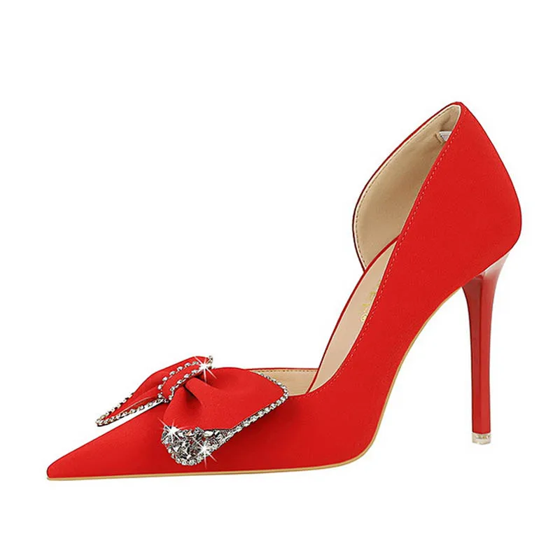 BIGTREE Night Club Stripper Fashion Women Woman Pumps Red Elegant Woman Heeled Sexy Light Pointed toe Diamond Bow Single Shoes