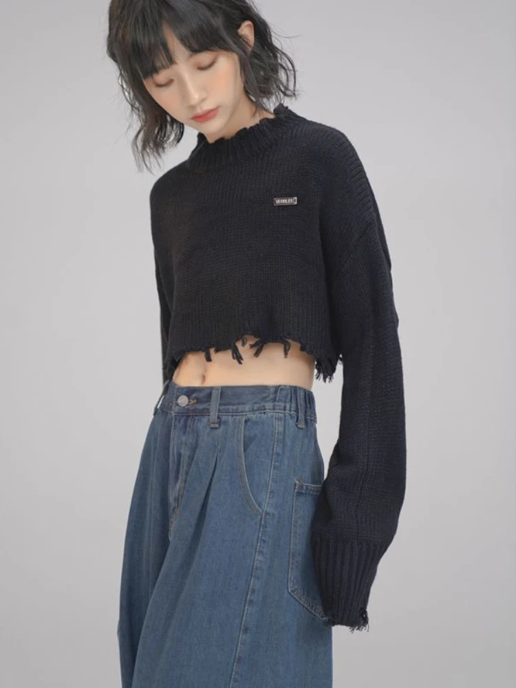 Tassel Cropped Pullovers Women High Street Y2k Clothes Knitted Autumn Clothing Harajuku Casual Sweaters Pull Femme All-match New