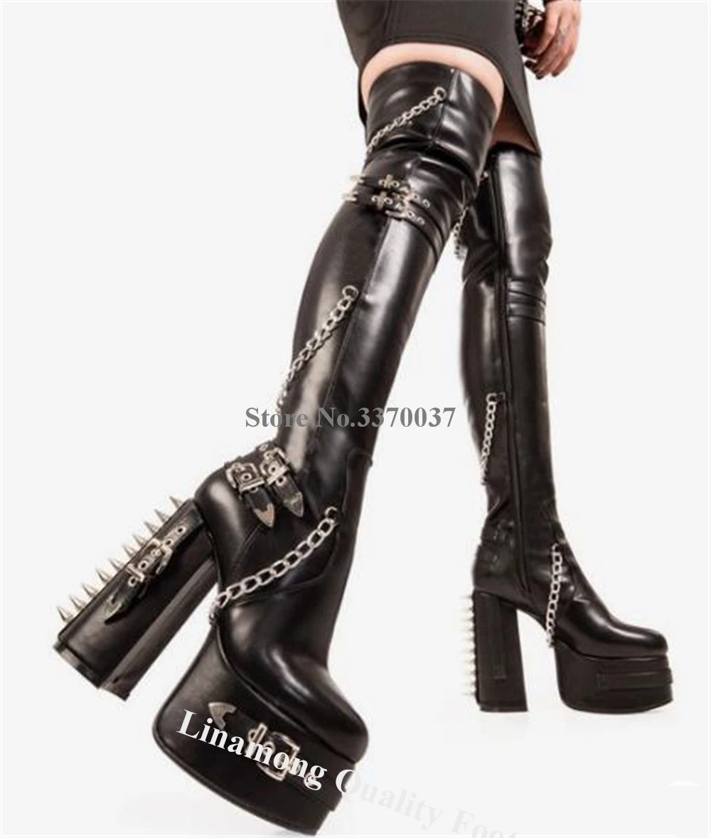 Metal Chains Buckles Decorated Over-the-knee Chunky Heel Platform Boots Linamong Black Leather Round Toe Rivets Long Boots