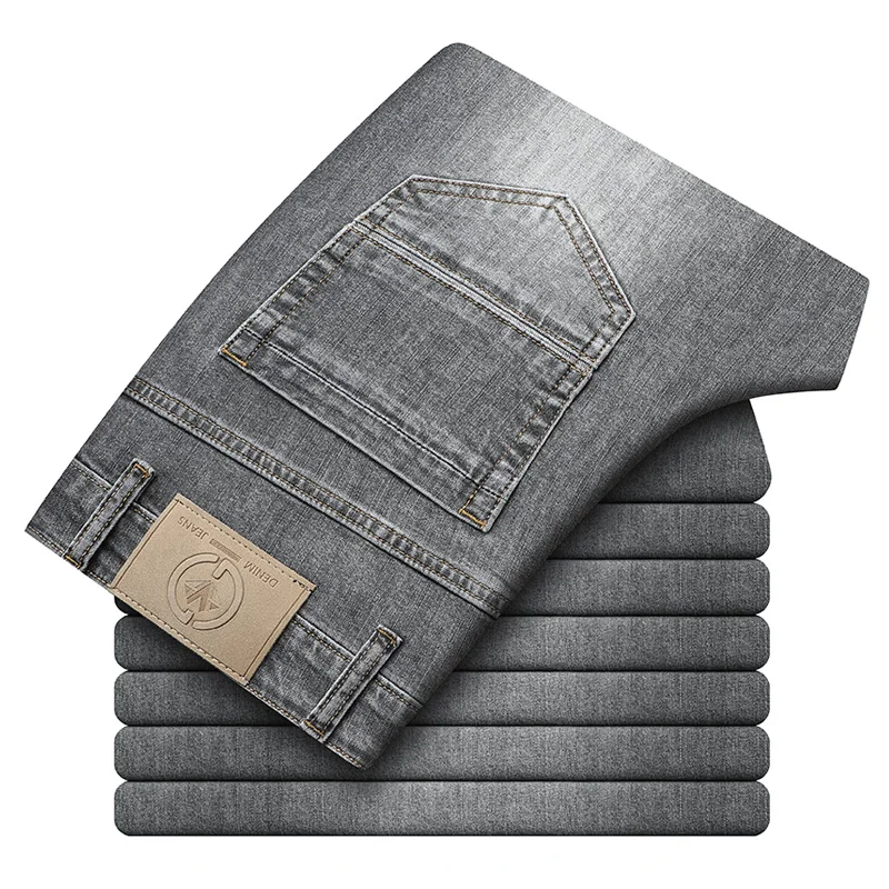 

Spring/Summer 2023 Men's Gray Frayed Thin Jeans Classic Style Business Fashion Cotton Denim Stretch Pants Male Brand Trousers