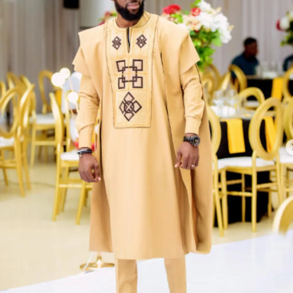 H&D African Clothing Traditional 3PCS Outfit For Man Bazin Riche Agbada Embroidery Wedding Party Plus Size Muslim Men Clothing