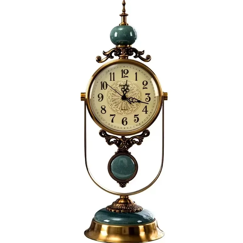 Retro Desk Clock Luxury for Living Household Desktop Pendulum Clock Ornament Atmosphere Swing Household Metal Silent Table Clock