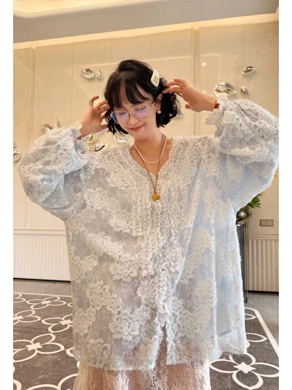 

Lace Double Layer Heavy Work Spring Sle Casual Loose Fit Long Sve V-Ne Women's Cardigan Coat for plus Size Faion