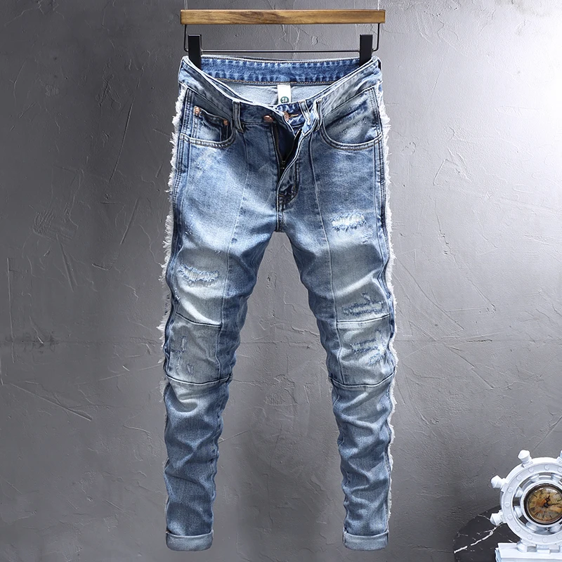 

Street Fashion Men Jeans Retro Light Blue Elastic Stretch Skinny Ripped Jeans Men Spliced Designer Hip Hop Denim Pants Hombre