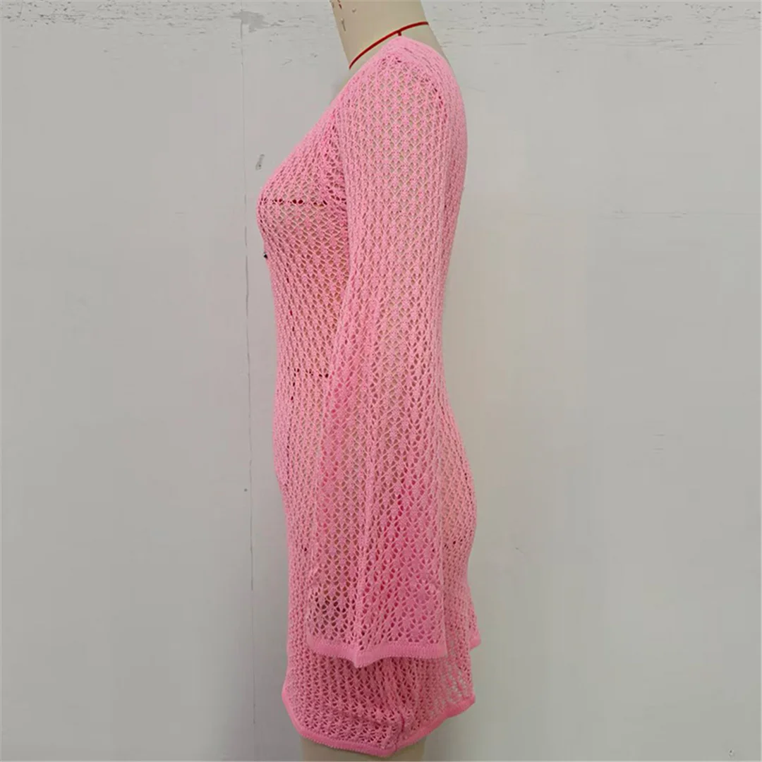V-Ausschnitt, lange Ärmel, mit Ausschnitten versehene, gehäkelte Tunika, Strandkleid, Strandmode, Damen V7643 – Detail 33