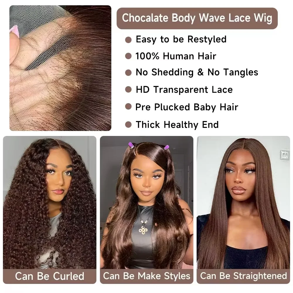 Wig Rambut Manusia Cokelat Gelap Model Body Wave 13x4 13x6 Hd Lace Frontal Wig Kepadatan 200% # 4 Wig Renda Depan Coklat Coklat 16-38 inci