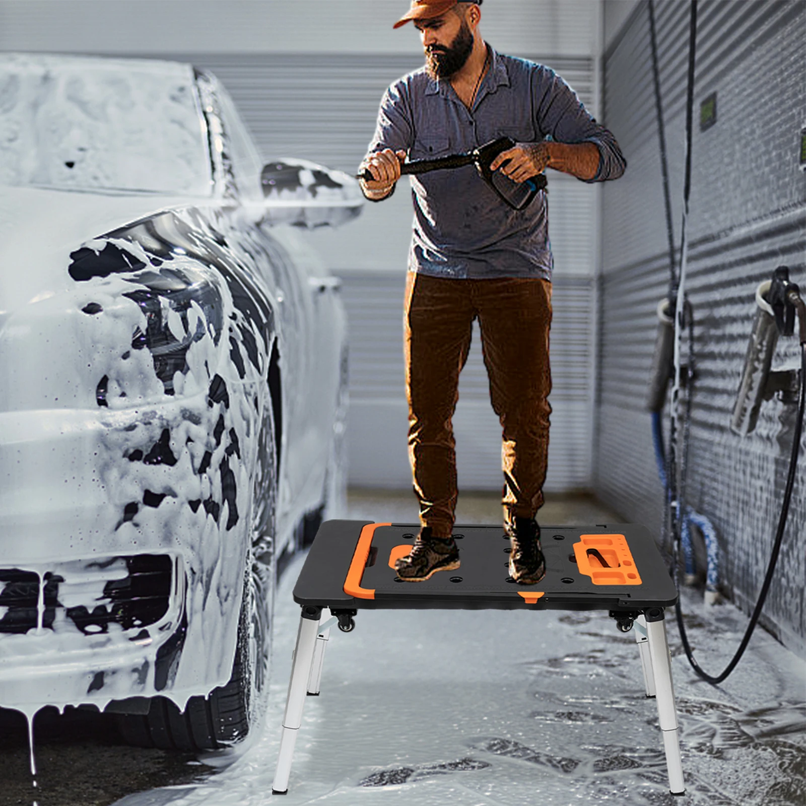 

Многофункциональный верстак 7-в-1, емкость 250 кг, 2 запираемые колеса, хранение инструментов, регулируемая высота, идеально подходит для профессионального использования своими руками