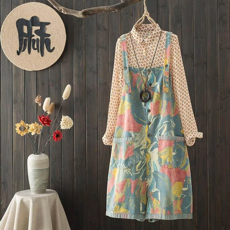 

Denim Jumpsuits Harajuku Casual One-piece Wide Leg Shorts High Waist Cropped Jeans Specific Flower Summer Clothing for Women