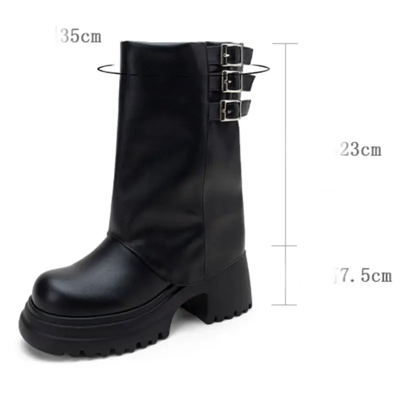 ORCHALISA Casual Ladies Mid Calf Footwear Round Toe Thick Heel 7.5cm Raised Base Metal Extended Sizes 43 44 45 Event Shoes