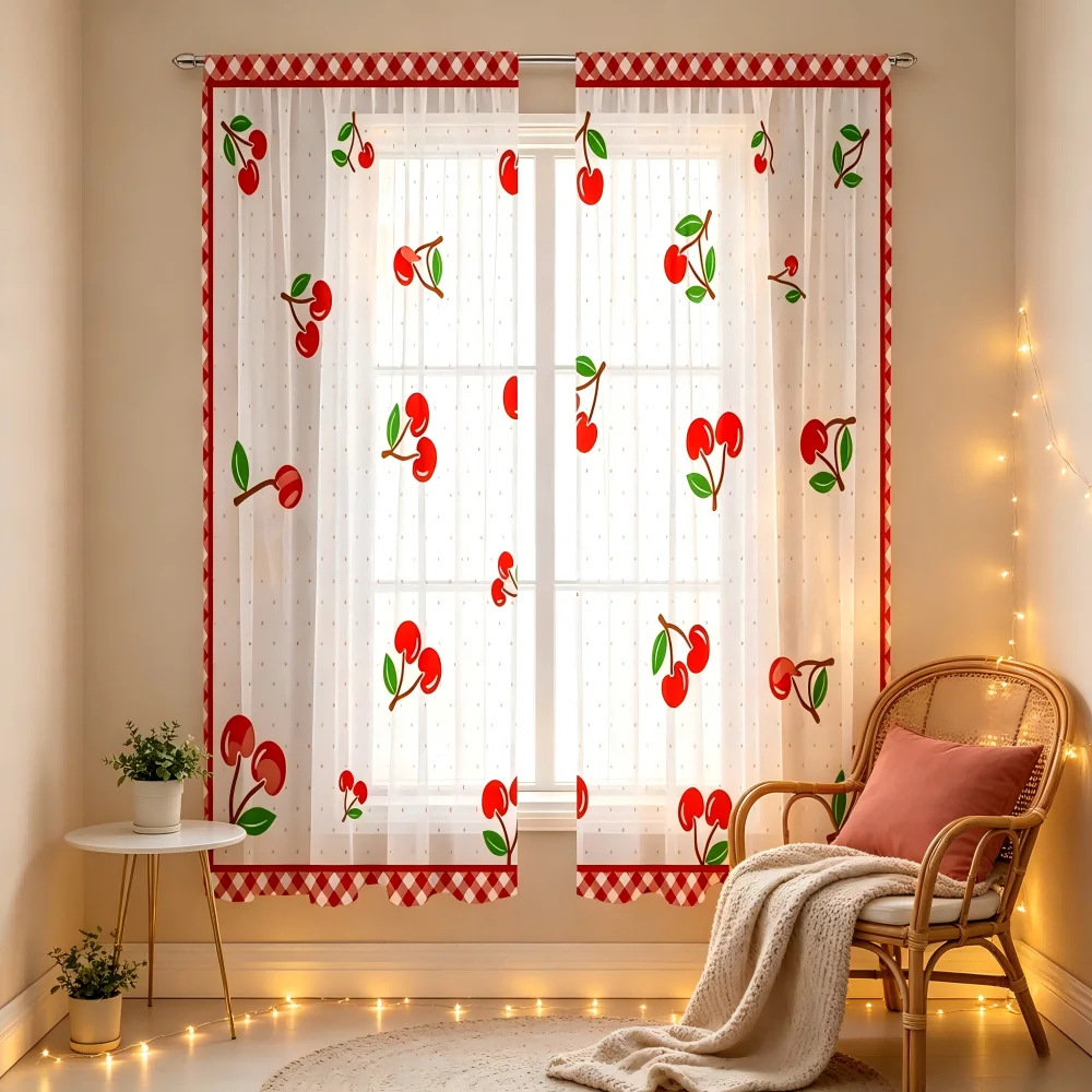 2PCS Digital Print Sheer Curtain, Sweet Cherry Fruit, Cute Delicious Red - Voile Drapes for Home Bedroom Living Room Decor