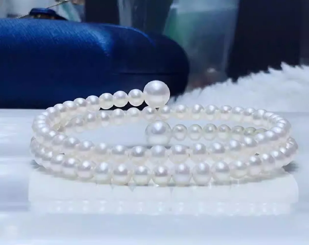 New Elastic Pearl Bracelet AAAA5-6mm+8-9mm Natural White Pearl Double Layer Bracelet