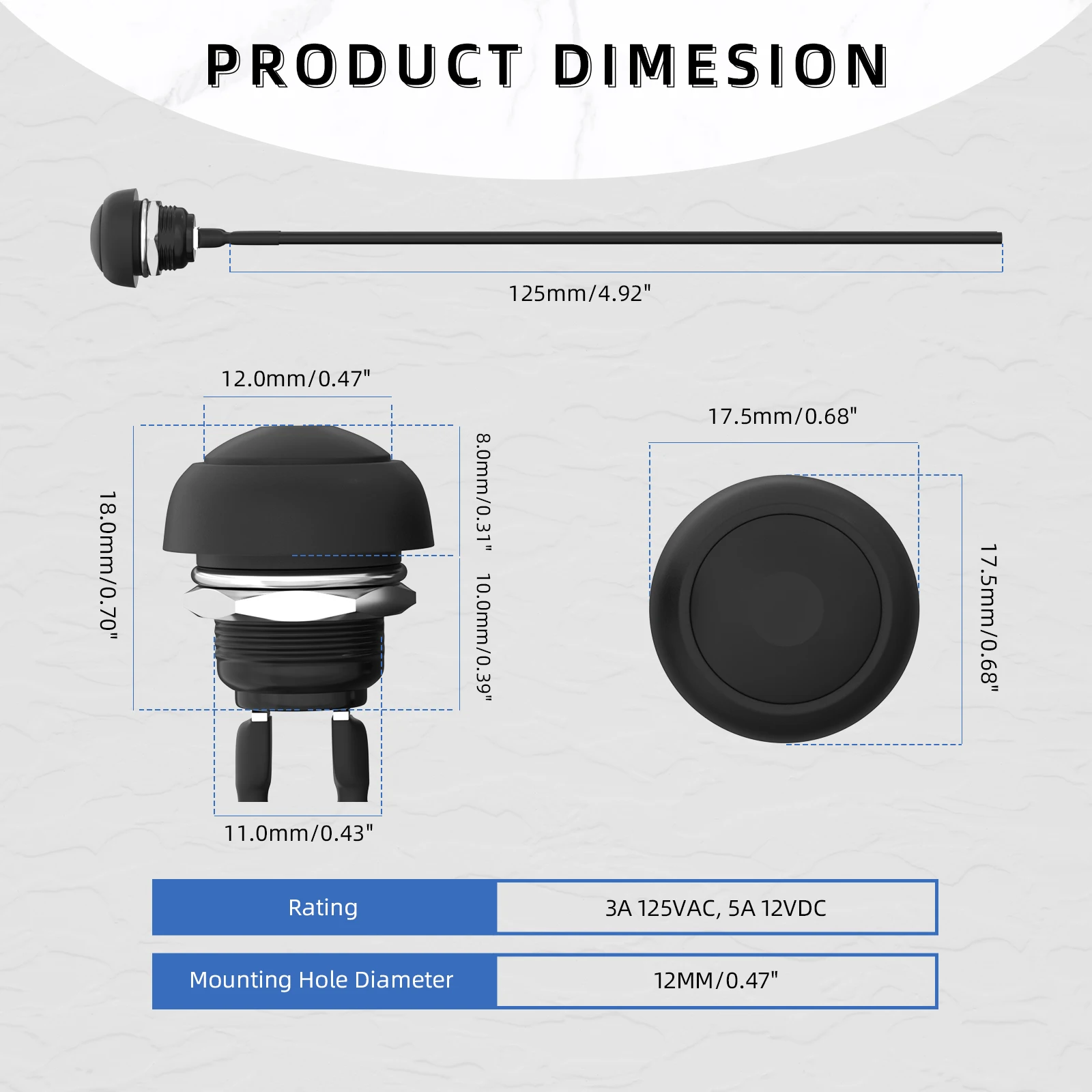 30PCS 12mm Mini Round Push Button Switch Momentary On Off Waterproof Self-Reset Switch PBS-33B 3A/125V 1A/250V with Pre-wire