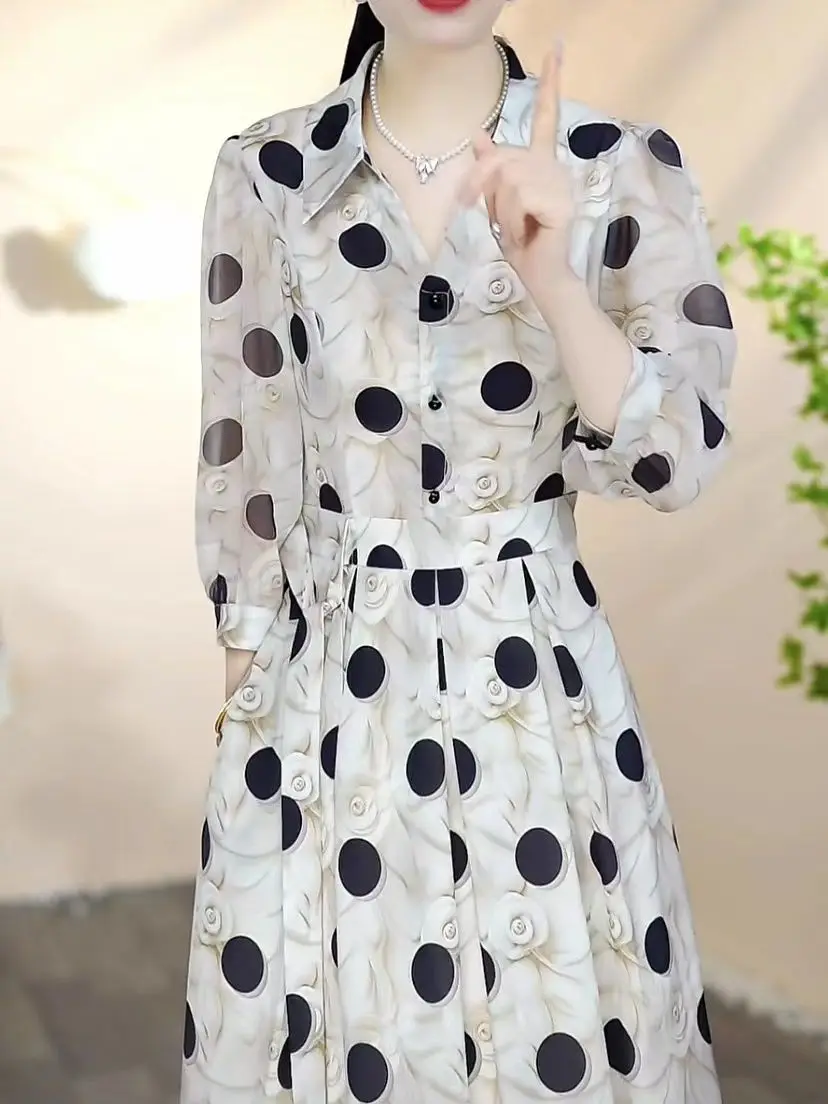 Atmospheric Three Quarter Sleeve Mid Length Dress with Printed Slim Fit and Western Style Dress That Appears Slim