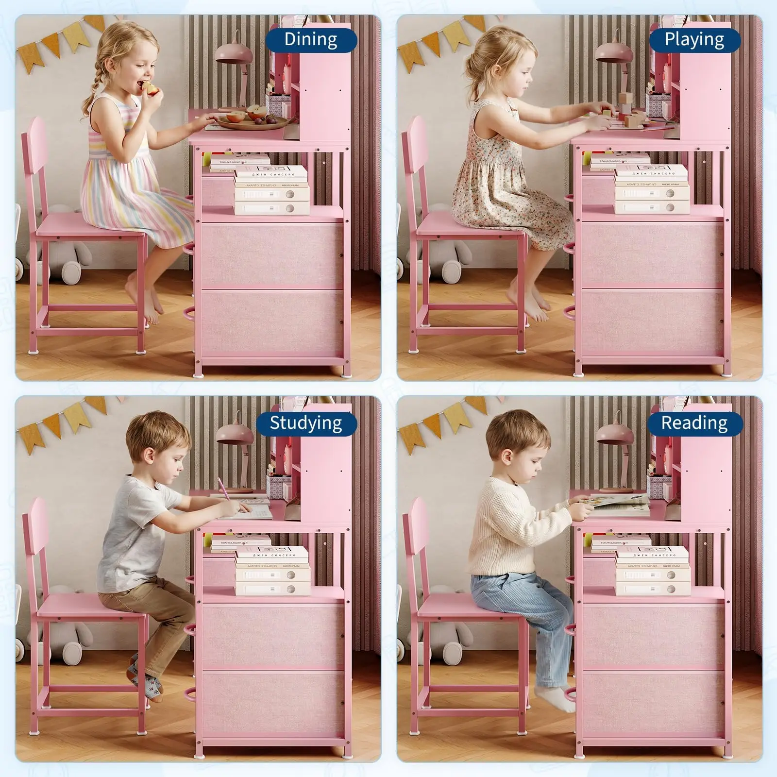 47.2 Inch Kids Desk And Chair Set With Hutch And Storage, Sturdy Metal Frame Kids Study Table For Ages 6 To 12, 4 Fabric Drawers, Detachable Hooks, Ergonomic Chair, Waterproof Top - view 7