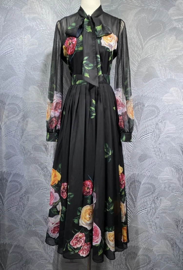 Bow Tie Elegant Long Dress 2025 Spring High Quality Clothing Women Big Floral Prints Long Sleeve Black Long Evening Maxi Dress