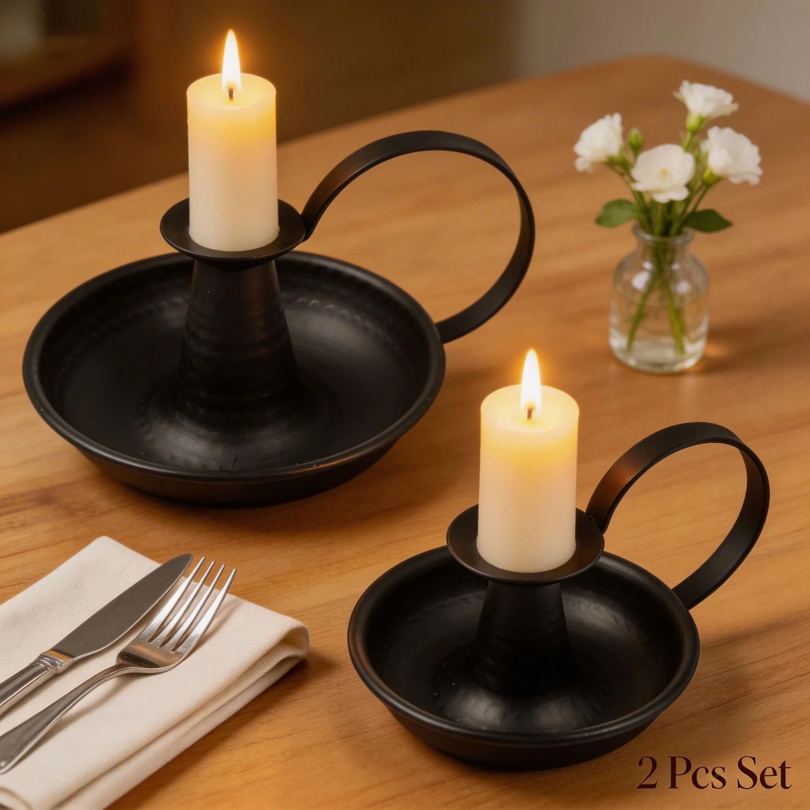 2 Stück Kerzenhalter aus Eisen, konischer Kerzenständer mit gebogenem Griff, schwarze Retro-Kerzenhalter für Halloween-Weihnachtsdekoration