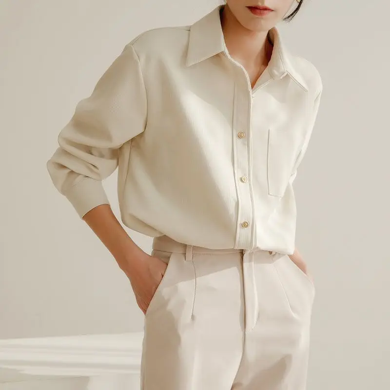 Áo Nữ 2022 Mỏng Nữ Casual Áo Sơ Mi Xuân Hè Pockts Cổ Bẻ Chính Thức Nút Thời Trang Duyên Dáng Đơn Giản hoang Dã