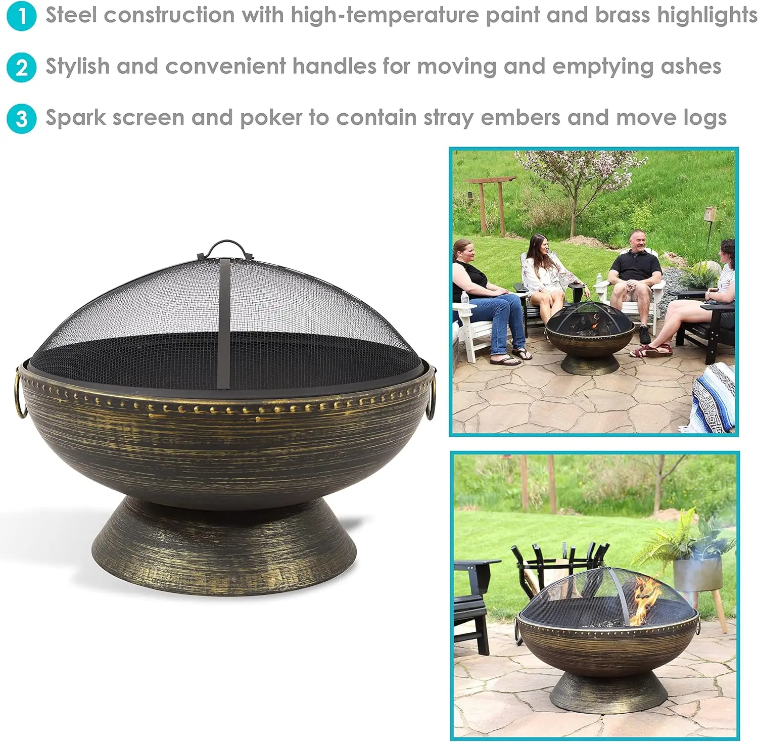 30-Inch Fire Pit Bowl with Spark Screen, Fireplace Poker, and Metal Grate - Black High-Temperature Paint Finish