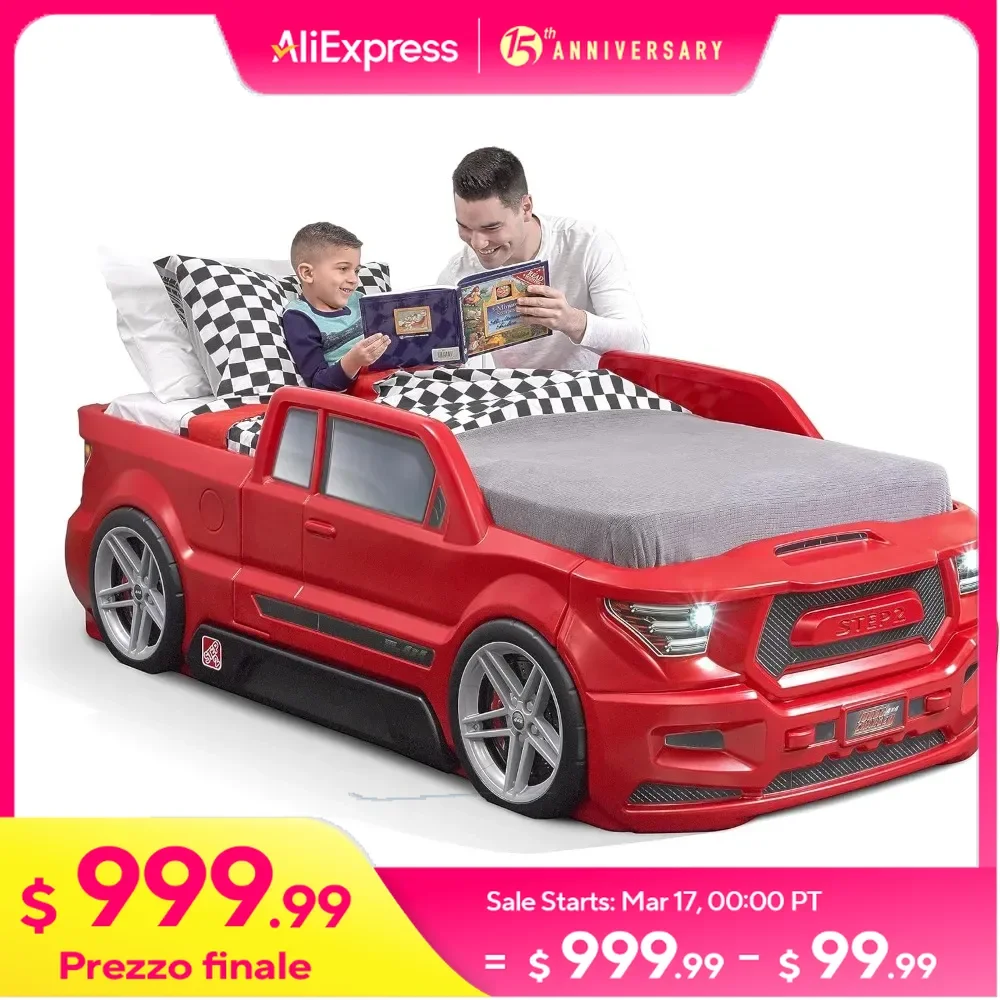 Twin Size Truck Car Bed Car Bed for Boys and Girls Working Headlights & Built-In Storage Toddlers Ages 3+ Years Old Bed Frame