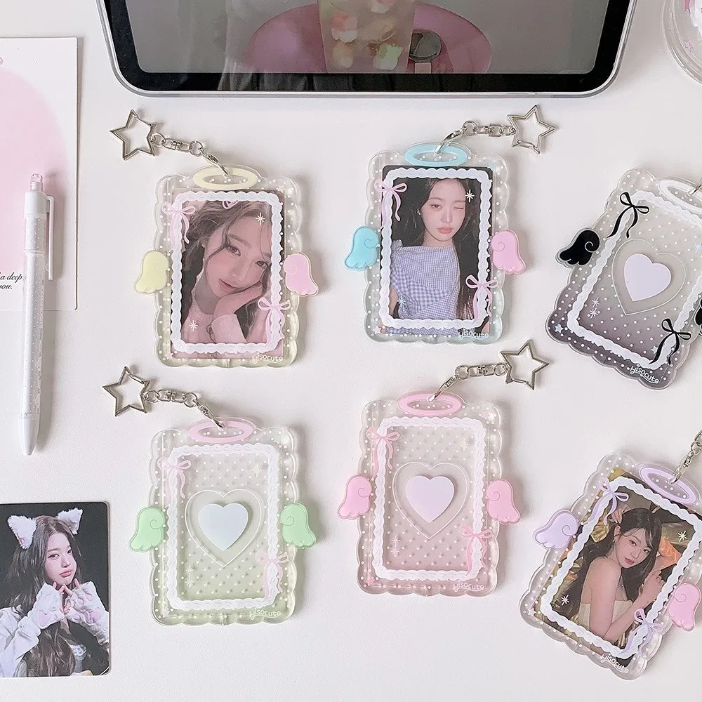 Acrylic Kpop Photocard Holder Keychain Cartoon Wings Love-heart Idol Card Display Protector 3 Inch Transparent Card Holder