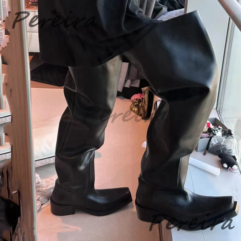 Thick Soled Over The Knee Boots for Men Women Black Leather Square Toe Slip-On Knight Boots Autumn Winter Fashion Short Boots
