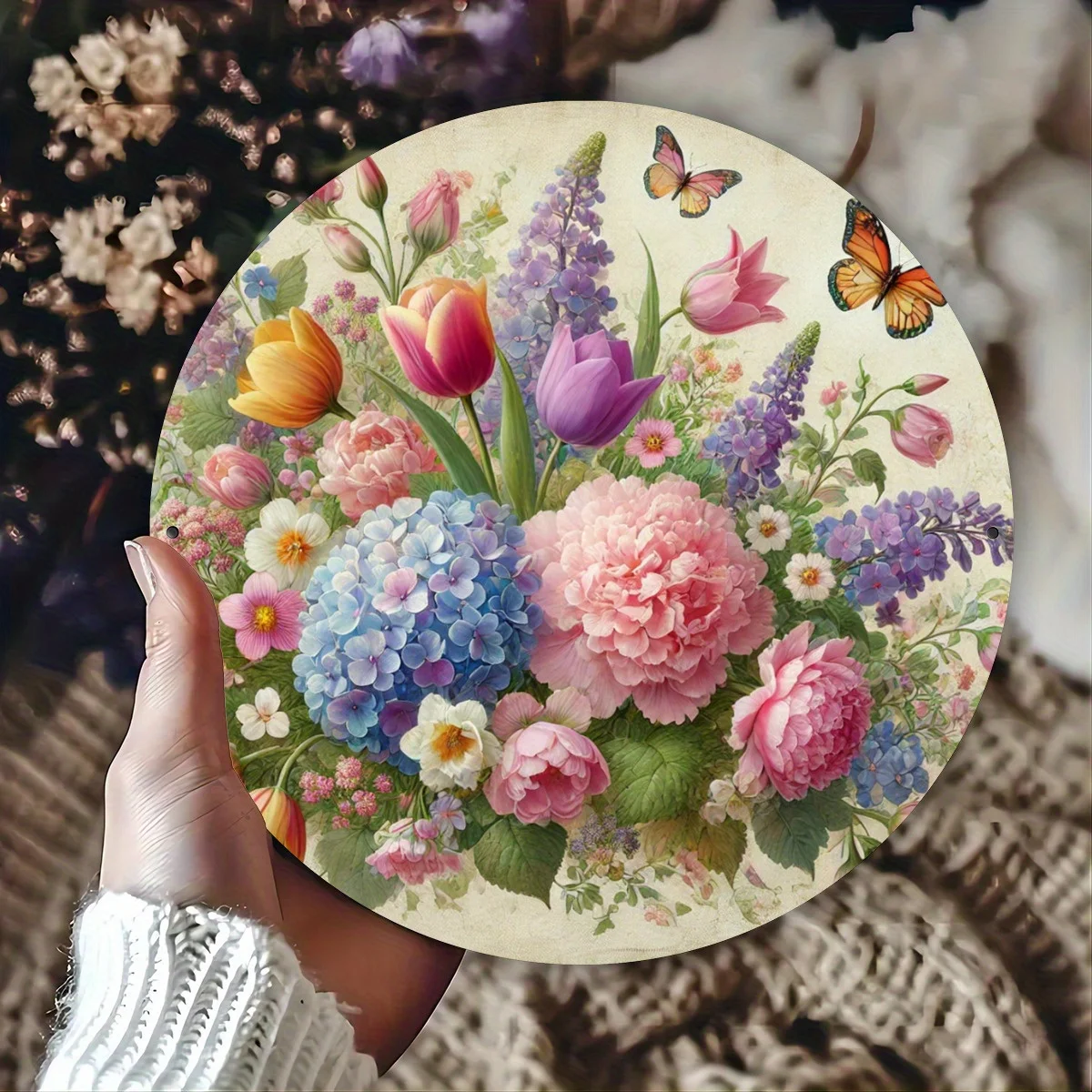 1pc, spring seasonal flower theme design, flat printed metal signs, circular iron hanging picture, non-electrical, 8x8 inch wall