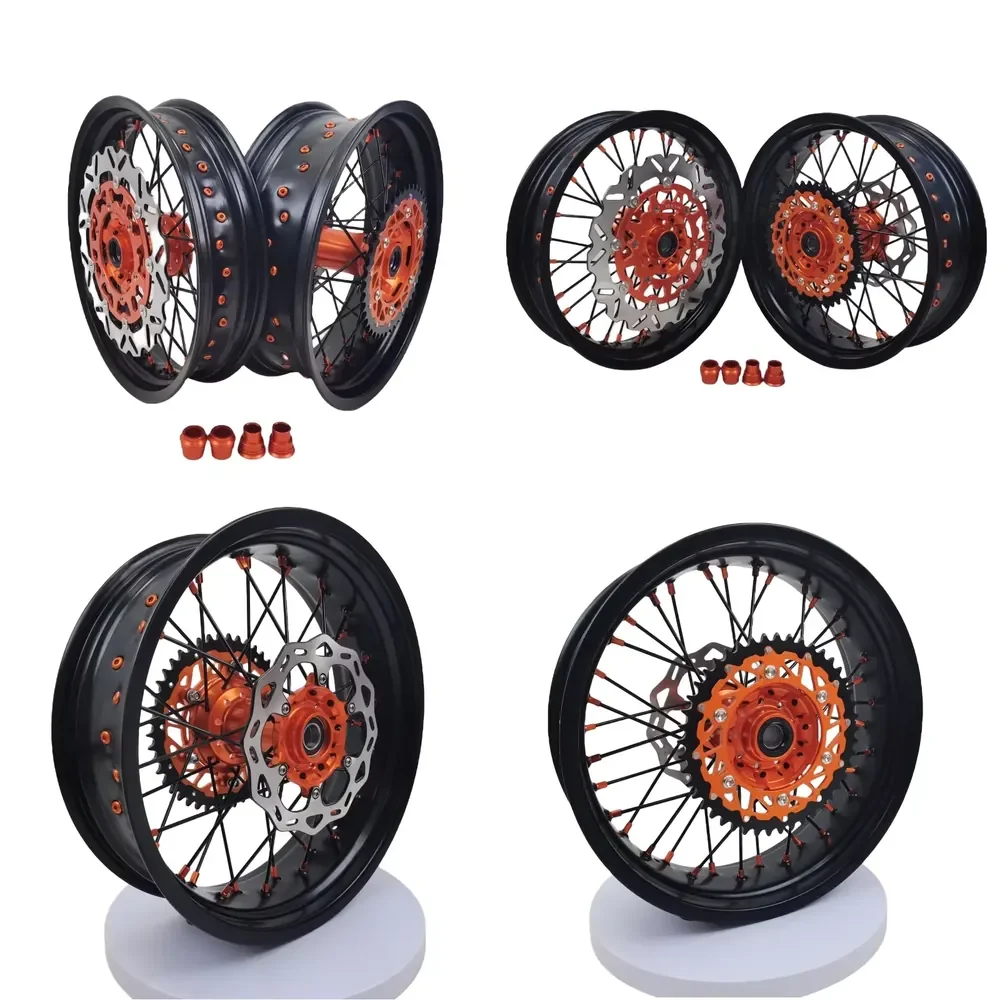 【2026 Stable Supply】 High Quality 17 Supermoto Wheels Rims Set Orange and Blue Fit EXC SXF EXC 450
