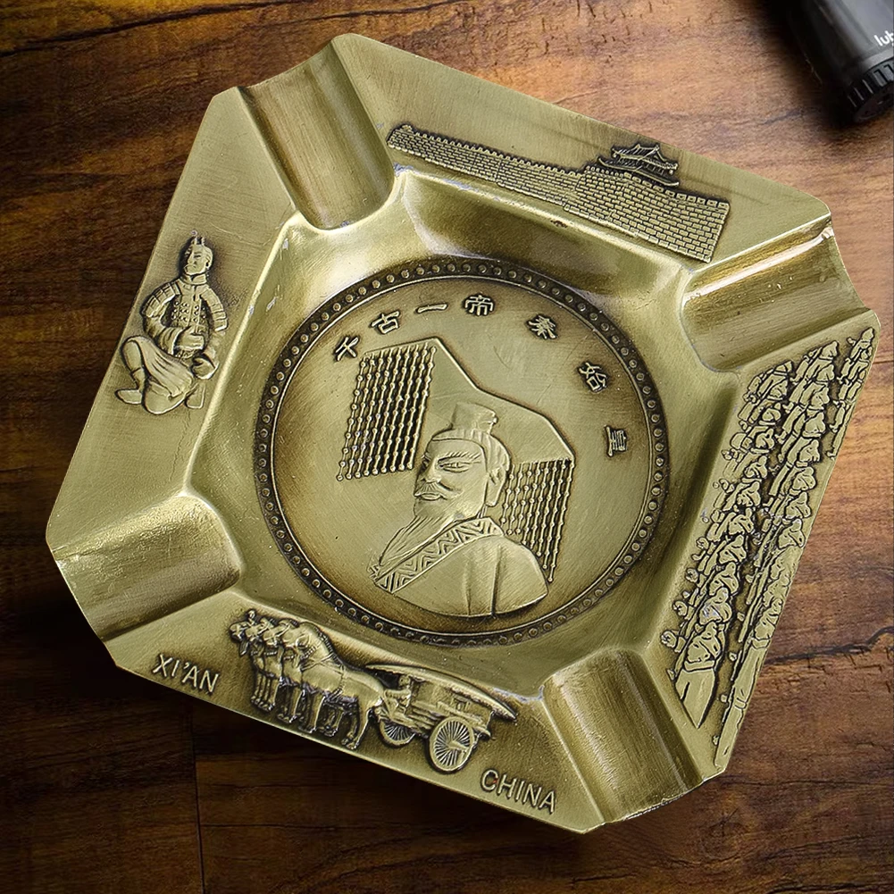 

Винтажная латунная пепельница в стиле ретро в китайском стиле, круглая металлическая поднос для курения, дизайн эмблемы династии Цинь, антикварный декор, коллекционные курильщики