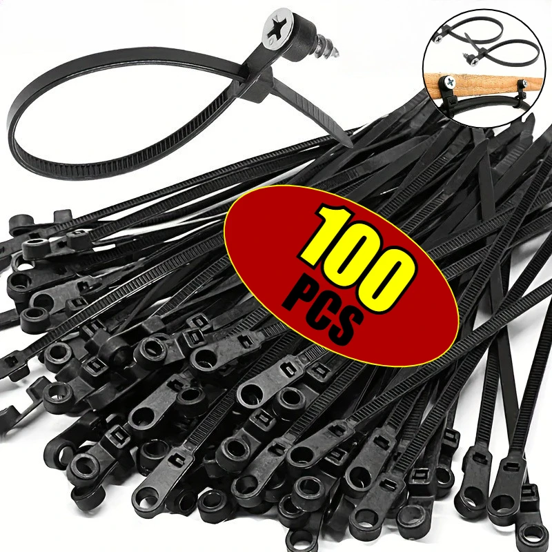 500-100 Stück Kabelbinder mit Schraubenloch, wiederverwendbare, feste Nylon-Kabelbinder, selbstsichernde Kabelbinder, Befestigungsschlaufen, Büro-Organizer