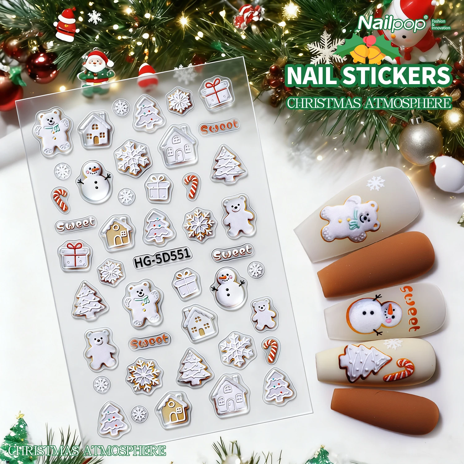 Nailpop عيد الميلاد ملصقات الأظافر للاحتفال DIY مانيكير أحمر أبيض عيد الميلاد المبتدئين ودية طويلة الأمد عطلة التبعي 1 قطعة