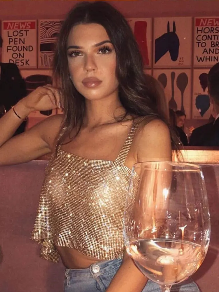 Top cropped com strass para mulheres, camisola monocromática com diamantes e lantejoulas completos, alças sem costas na moda para festa, 2020