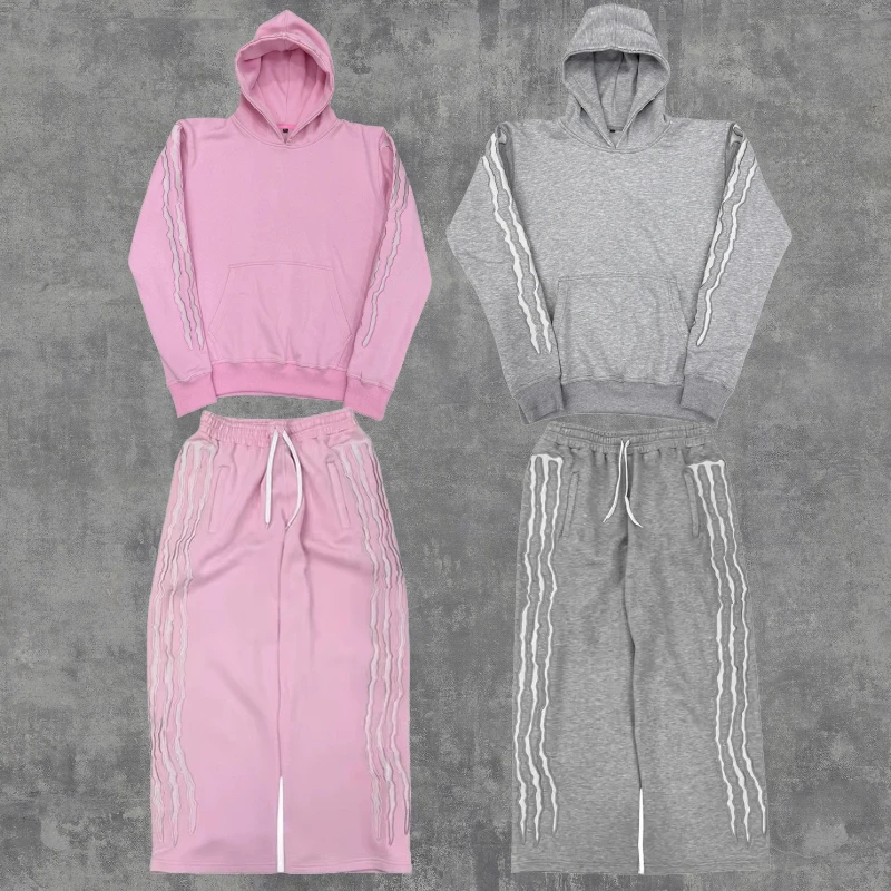 

2025 2 Pcs Tracksuit Co-ords Y2K Retro Casual Sweatpants Pullover Stripe Embroidery Fleece-lined Trendy Streetwear Unisex Sports