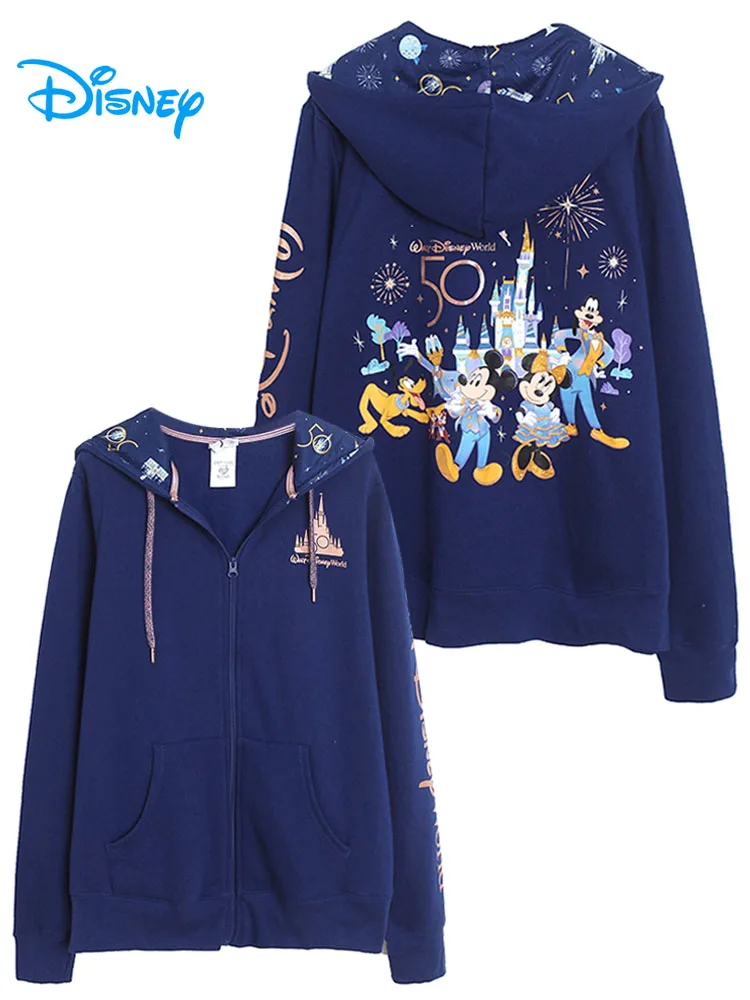 Disney World 50th Anniversary Hooded Sweatshirt Women Hoodies Long Sleeve Zip Jacket Female Casual Streetwear Fleece Tops Femme