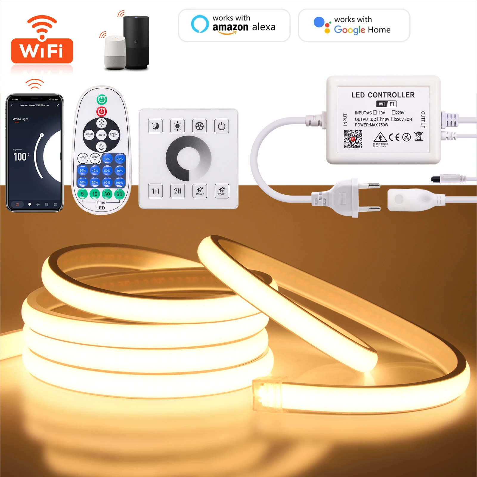 Tuya Wifi Alexa Control Dimmerbare Cob Neon Strip Ac 220V Ip65 Waterdicht Bluetooth Flexibele Lint Stripe Ketting Tape Led Licht