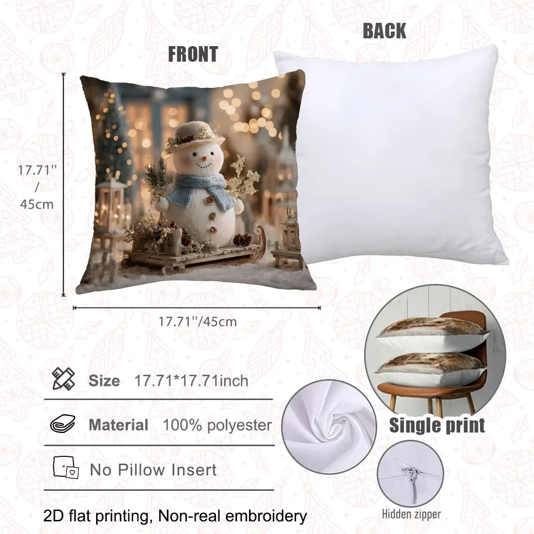 45cm Christmas Throw Pillow Cover,gold White Christmas Snowman Santa Claus Elves Reindeer  Design for Christmas Home Sofa Decor