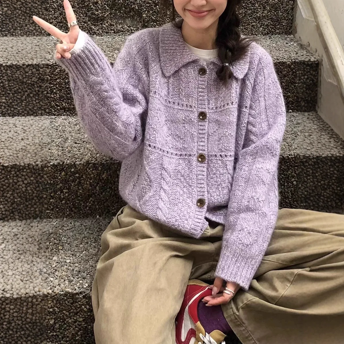 

Long Sleeve Knitted Cardigan Women's Sweater Coat Twist Pattern Polyester Fiber 2025 New Korean Style Loose Lazy Style