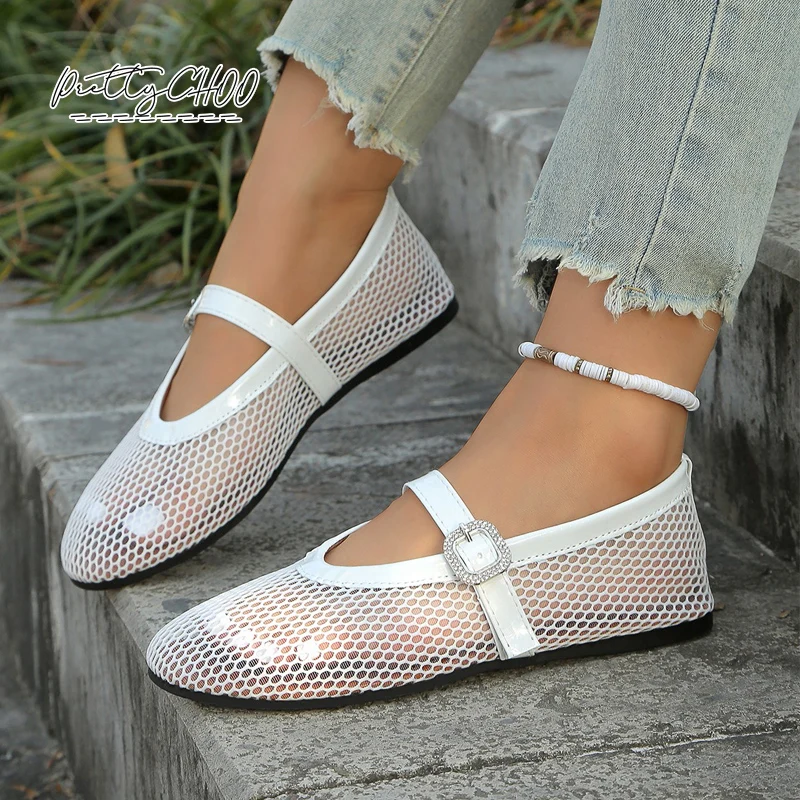 

Luxury Crystal Buckle Fishnet Mary Jane Shoes Woman Breathable Hollow Out Ballet Flats Ladies Leopard Print Mesh Loafers