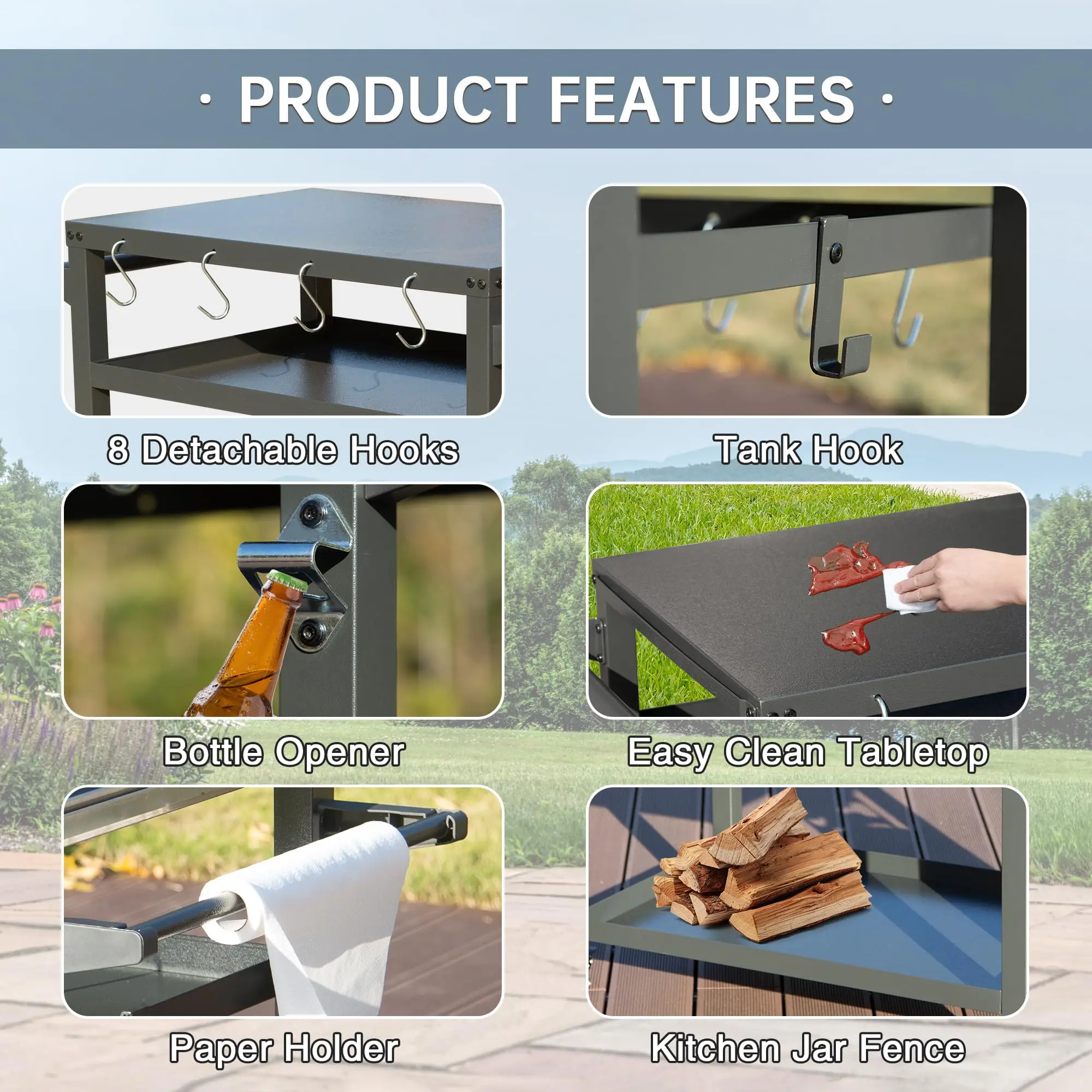 107X55cm Movable Outdoor BBQ Cart Table 3 Storage Rack Hook Kitchen BBQ Bench Cart Food Preparation Workstation